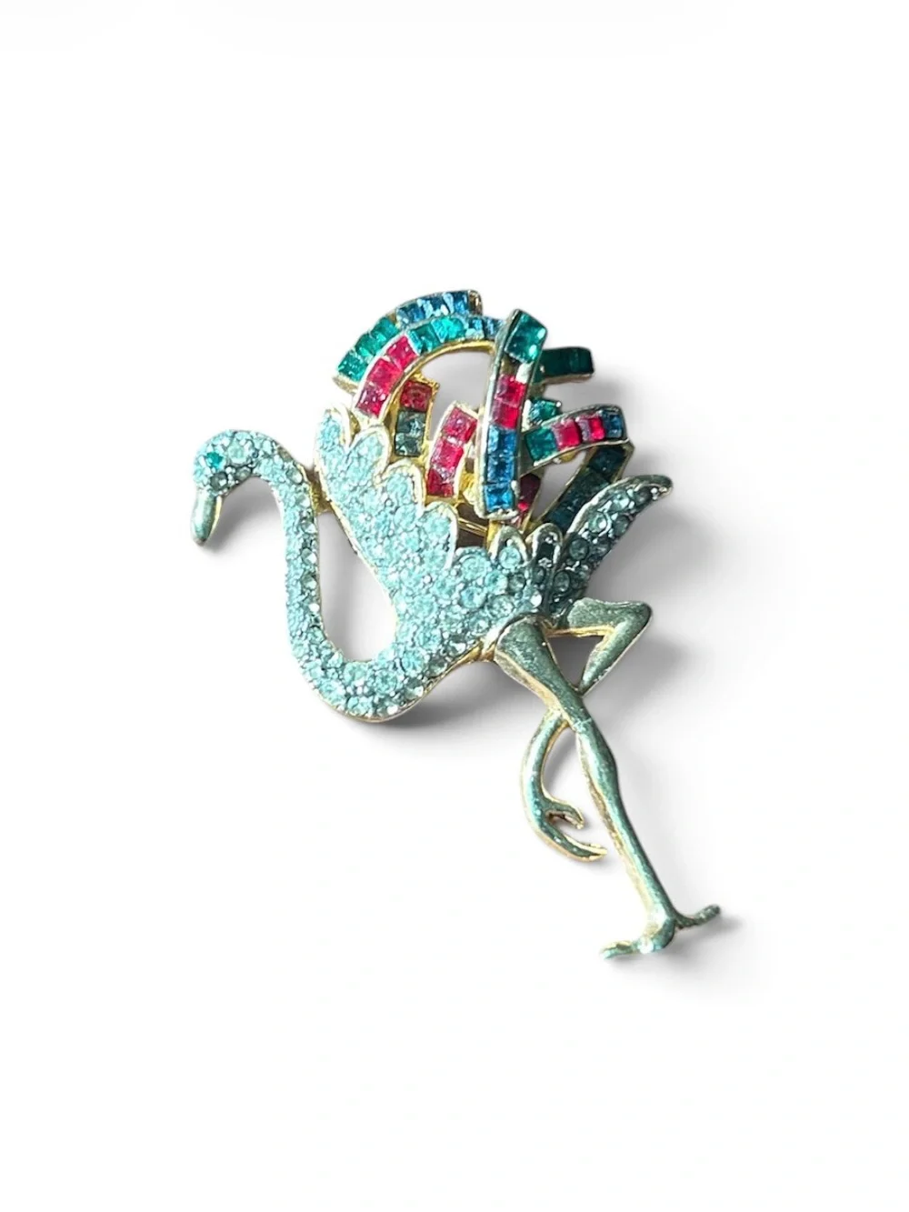 Crystal-Accent Flamingo Brooch in Clear, Green & Red